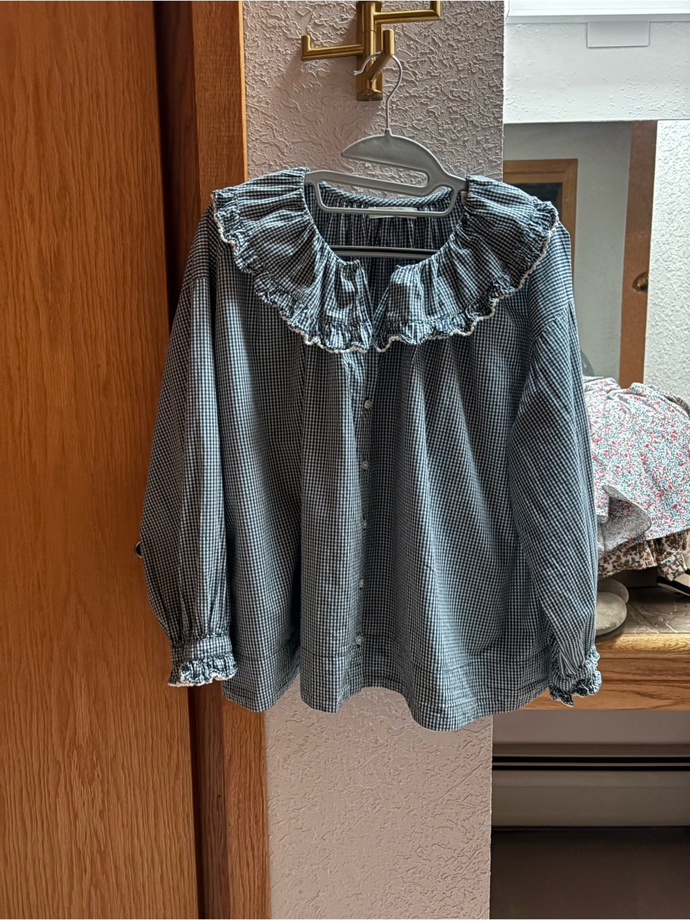 Doen Blue Gingham Ruffled Collar Button-Up Blouse